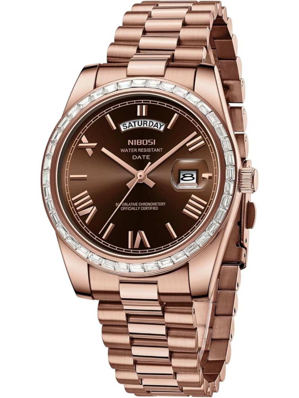 Nibosi Men's Rose Brown Analog Quartz Diamond Bezel Stainless Waterproof Watch